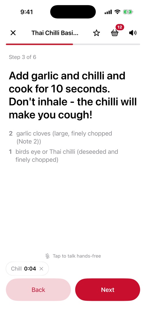 Whiskaroo's cooking screen, step 3 of 6, with a chilli timer running