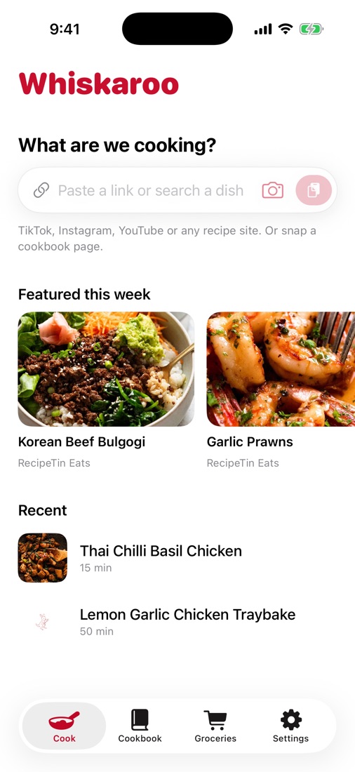 Whiskaroo's home screen: paste a link or search a dish, featured recipes and recent cooks