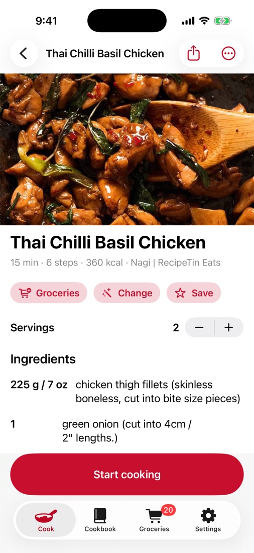 A Thai chilli basil chicken recipe in Whiskaroo with Groceries, Change and Save buttons